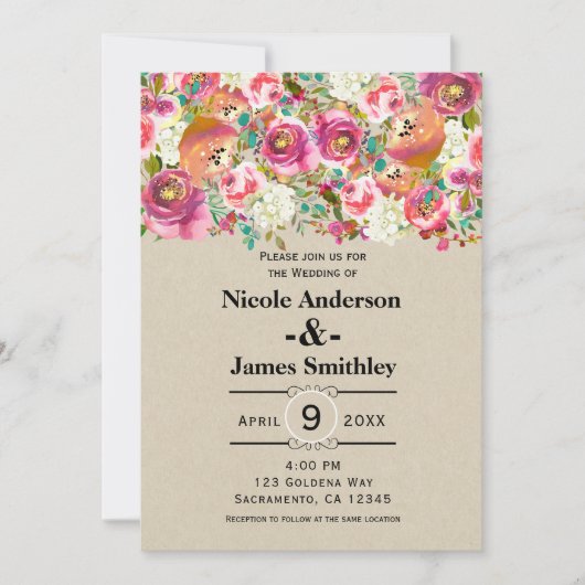 エレガントな花のラスティックチックなクラフトモノグラムウェディング 招待状 (正面)