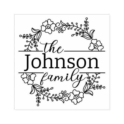 エレガントな花のリース 家族名 オーダーメイド ラバースタンプ (インプリント)