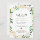 エレガントな花のリース 洗礼 赤ちゃん 女の子 緑 金 招待状 (正面)