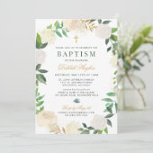 エレガントな花のリース 洗礼 赤ちゃん 女の子 緑 金 招待状 (スタンド正面)