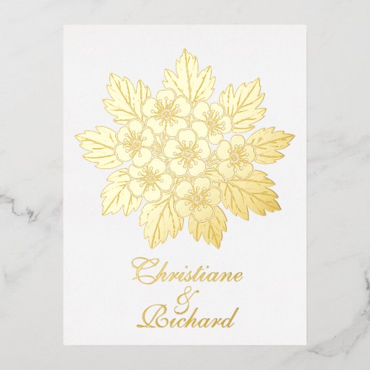 エレガントな花のロゼット結婚式招待状 箔招待状ポストカード (正面)