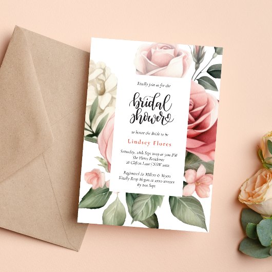 エレガントな花のローズグリーン ブライダルシャワー 招待状