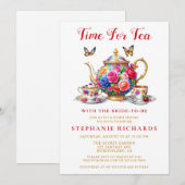 エレガントな花のローズティーポット ティーパーティー ブライダルシャワー 招待状 (正面/裏面)