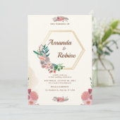 エレガントな花の六角形ゴールドフレームの結婚式 招待状 (スタンド正面)