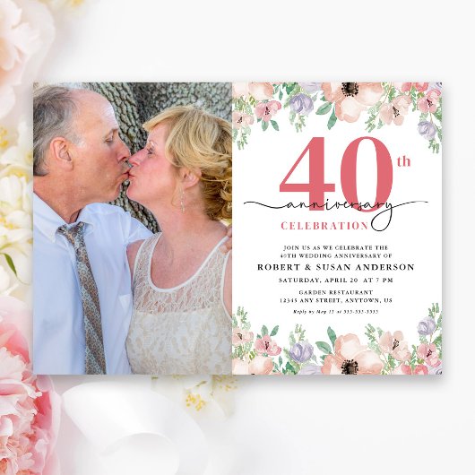 エレガントな花の写真 40周年結婚記念日 招待状