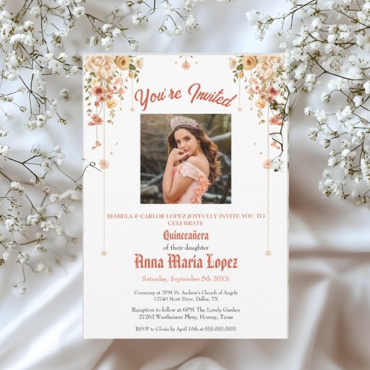 エレガントな花の写真 Mis Quince キンセエラ 15歳 アクリル招待状