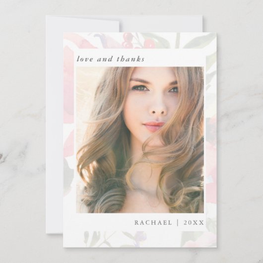 エレガントな花の卒業写真感謝メッセージ サンキューカード (正面)