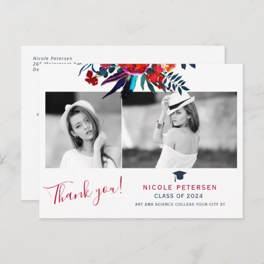 エレガントな花の卒業写真 卒業ありがとう ポストカード (正面/裏面)