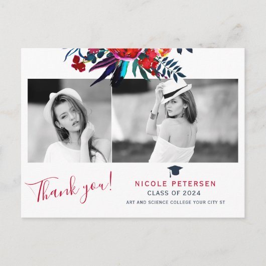 エレガントな花の卒業写真 卒業ありがとう ポストカード (正面)