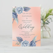 エレガントな花の桃とダスティーブルーのウェディング 招待状 (スタンド正面)