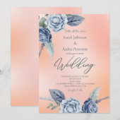 エレガントな花の桃とダスティーブルーのウェディング 招待状 (正面/裏面)