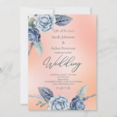 エレガントな花の桃とダスティーブルーの結婚式 招待状 (正面)