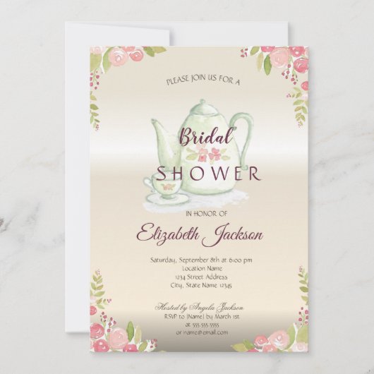 エレガントな花の水差し ブライダルシャワー 招待状 (正面)