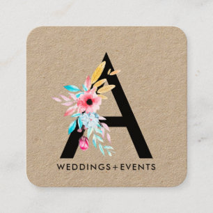 エレガントな花の水彩画の花のモノグラムクラフト スクエア名刺