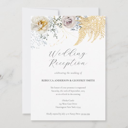 エレガントな花の水彩画ウェディングレセプション 招待状 (正面)