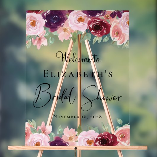 エレガントな花の水彩画 ブライダルシャワーのウェルカムサイン アクリルサイン (ニュートラル)