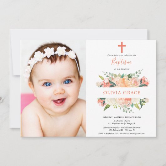 エレガントな花の洗礼のモモの白人のクリーム色の女の子 招待状 (正面)