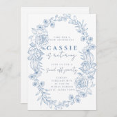 エレガントな花の淡い青の退職案内 招待状 (正面/裏面)