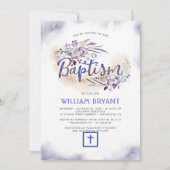 エレガントな花の濃紺の男の子の洗礼 招待状 (正面)