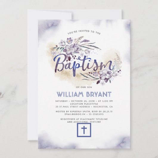 エレガントな花の濃紺の男の子の洗礼 招待状 (正面)
