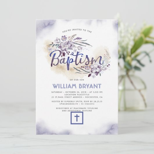 エレガントな花の濃紺の男の子の洗礼 招待状 (スタンド正面)