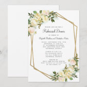 エレガントな花の白い結婚式のゴールドリハーサルディナー 招待状 (正面/裏面)
