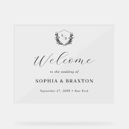 エレガントな花の紋章モノグラム結婚式ウェルカムサイン アクリルサイン