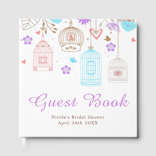 エレガントな花の紫と青のブライダルシャワー ゲストブック (正面)