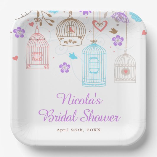 エレガントな花の紫と青の結婚前パーティー ペーパープレート (正面)