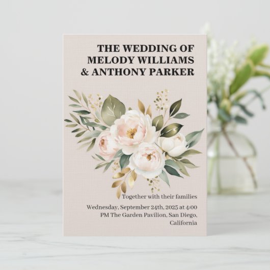 エレガントな花の結婚式招待状 | 白いバラとE 招待状 (スタンド正面)