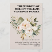 エレガントな花の結婚式招待状 | 白いバラとE 招待状 (正面)