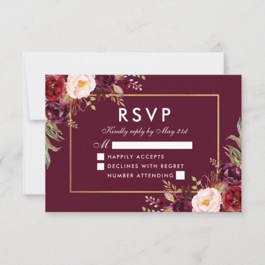 エレガントな花の結婚式 ワインレッド ゴールド RSVP (正面)