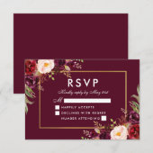 エレガントな花の結婚式 ワインレッド ゴールド RSVP (正面/裏面)