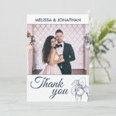 エレガントな花の蘭の線画の結婚式の写真 サンキューカード (スタンド正面)