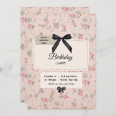 エレガントな花の蝶リボン 誕生日招待状 招待状 (正面/裏面)
