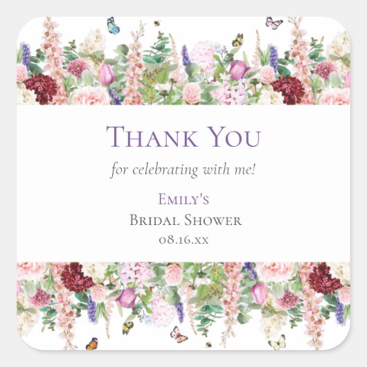 エレガントな花の蝶 結婚前のお礼シャワーパーティー スクエアシール (正面)