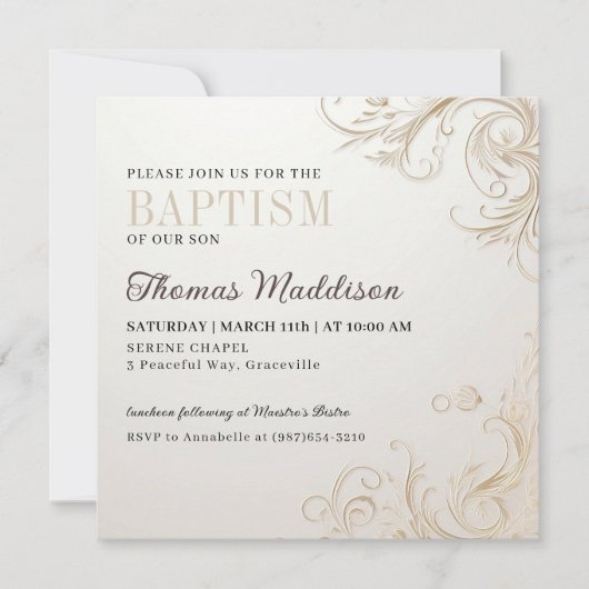 エレガントな花の装飾写真付き洗礼招待状 招待状 (正面)