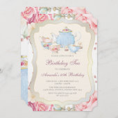 エレガントな花の誕生日ティーパーティー 招待状 (正面/裏面)