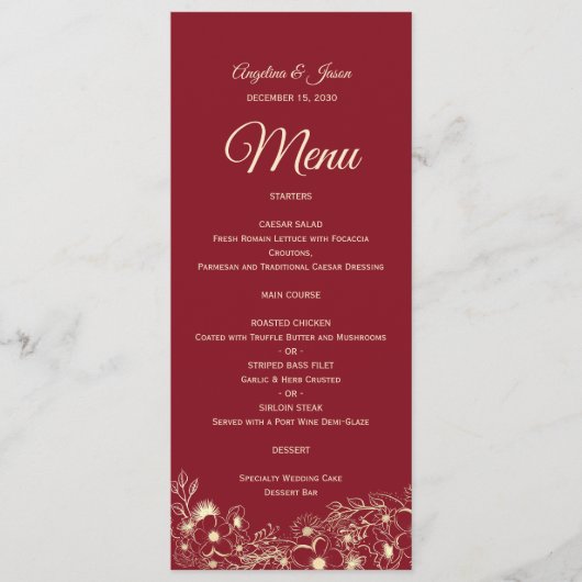 エレガントな花の赤い結婚式のメニュー メニュー (正面)