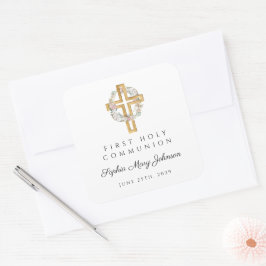 エレガントな花の輪の十字架の少女、初めての聖体拝領 スクエアシール