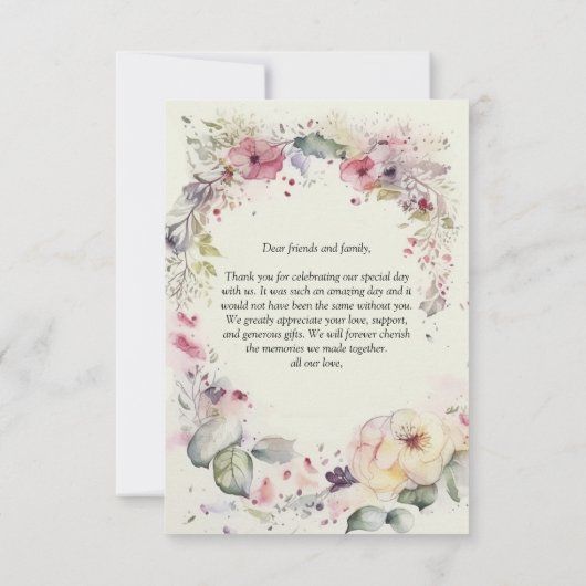エレガントな花の輪の水彩　感謝の気持ちを伝えるカード サンキューカード (裏面)