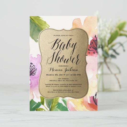 エレガントな花の金ゴールド|のベビーシャワーの招待状 招待状 (スタンド正面)