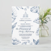 エレガントな花の青い教会の挙式マスウェディング 招待状 (スタンド正面)