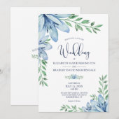 エレガントな花の青い花と緑の結婚式 招待状 (正面/裏面)