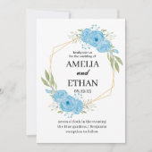 エレガントな花の青い花 白い結婚式 招待状 (正面)
