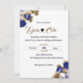 エレガントな花の青と茶色の水彩画ウェディング 招待状 (正面)