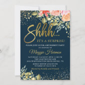 エレガントな花の青と金のサプライズ退職パーティー 招待状 (正面)