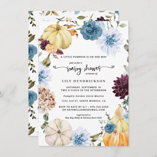 エレガントな花の飾りが施されたパンプキン | 秋のベイビーシャワー (正面/裏面)