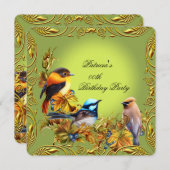 エレガントな花の鳥のグリーンゴールドの誕生日パーティー 招待状 (正面/裏面)