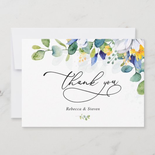 エレガントな花の黄色と白と青のウェディング サンキューカード (正面)